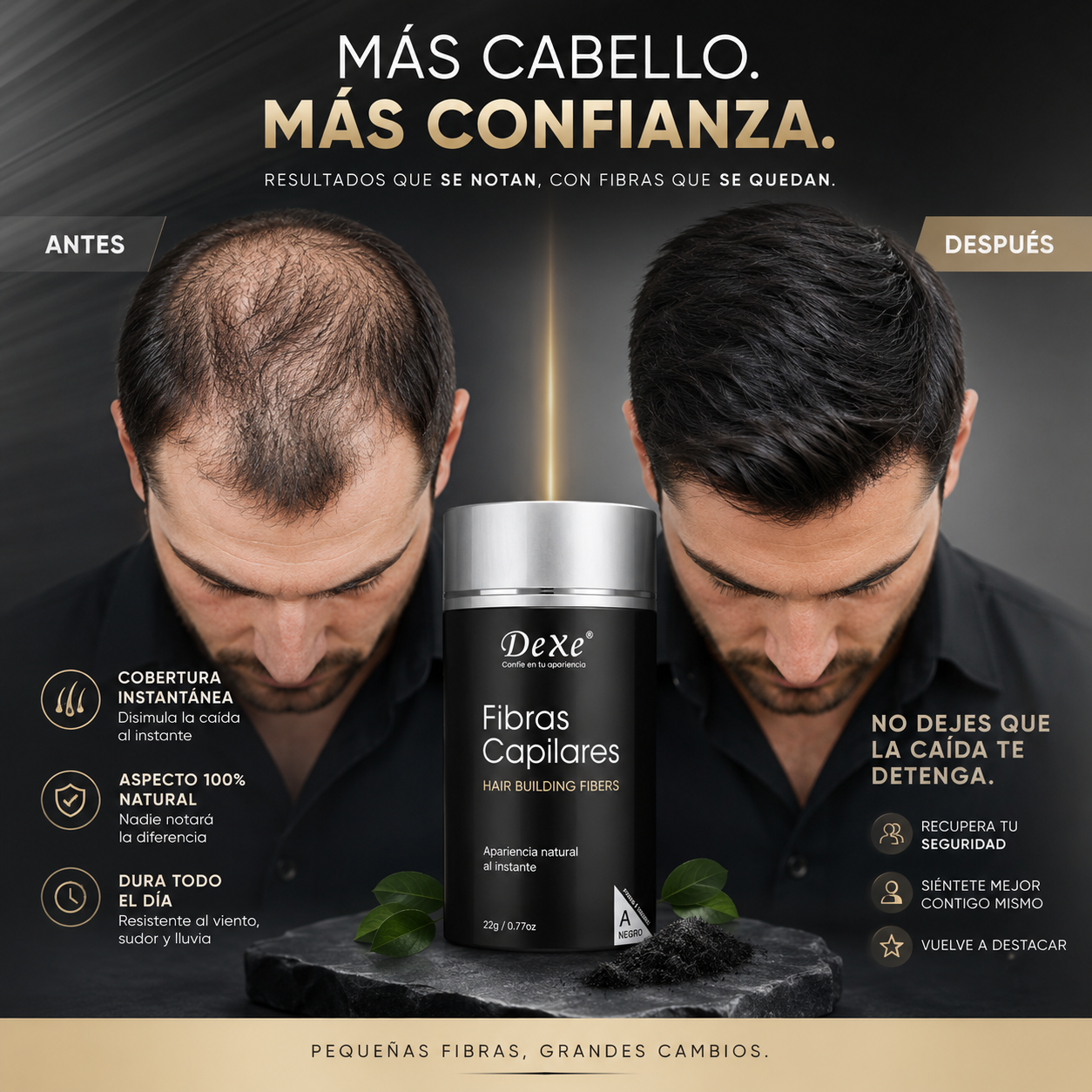Dexe™ | Fibras capilares negras | Recupera la confianza que la caída del cabello te ha quitado.