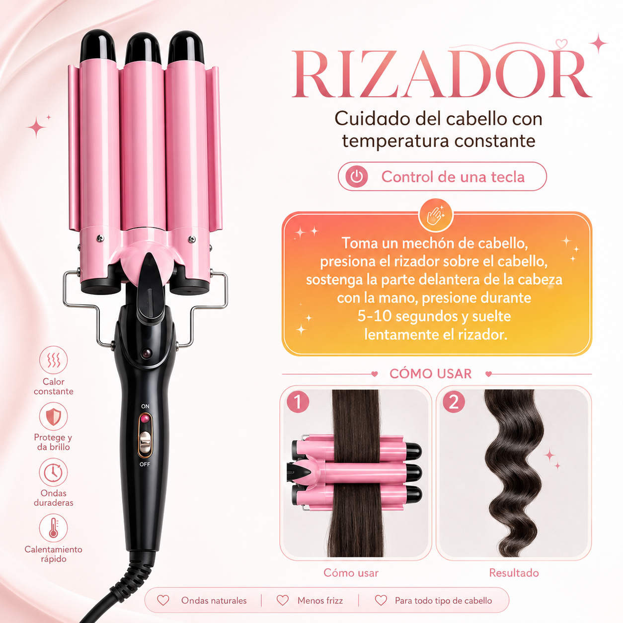 Ondisse™ | Onduladora Profesional de Cabello 3 Tubos | Ondas Perfectas en Minutos