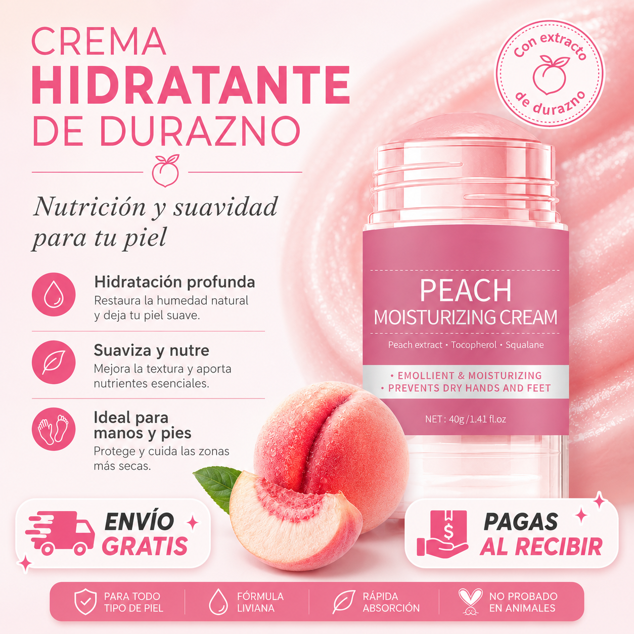 Crema Hidratante Melocotón para Manos, Pies | Crema Antigrietas