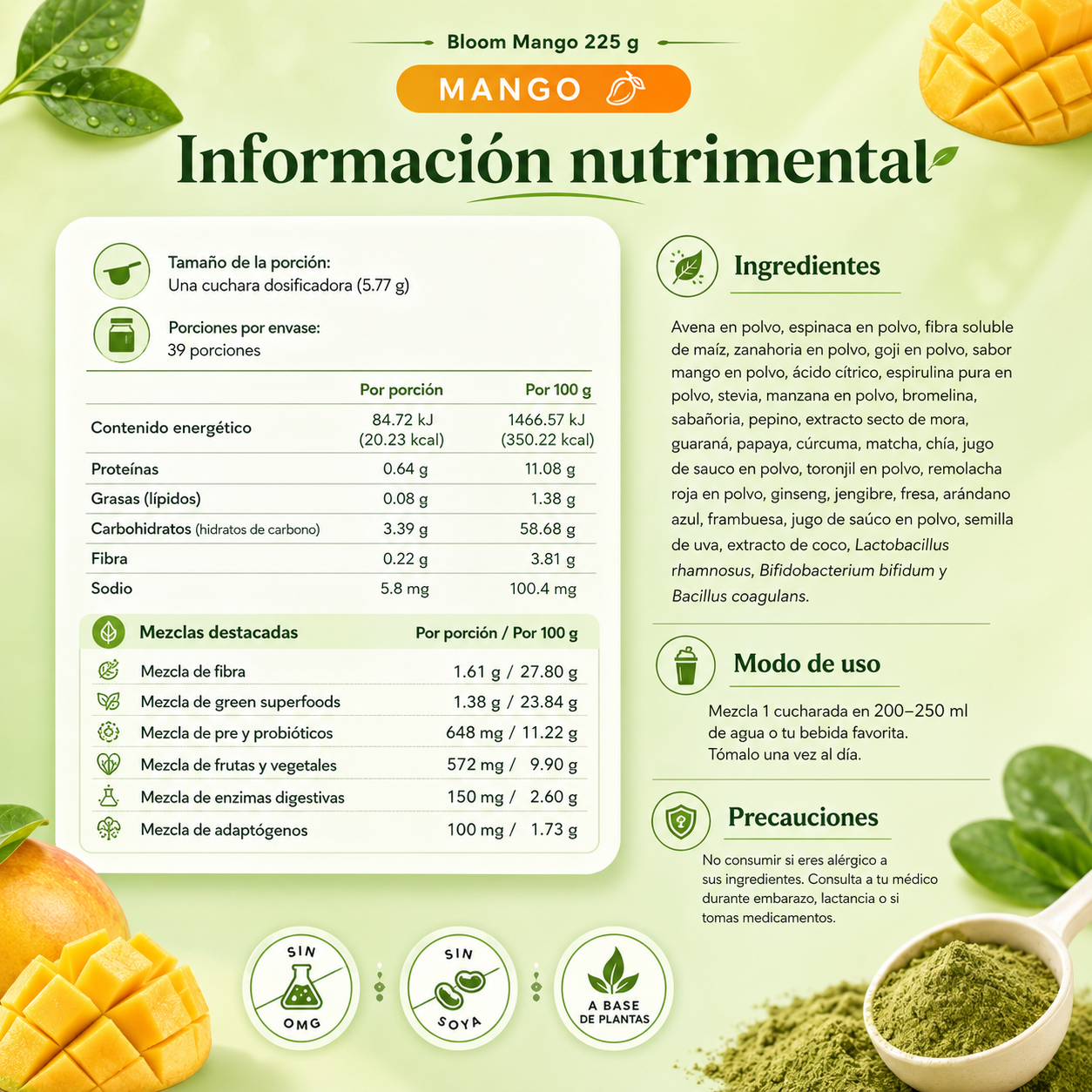 Bloom Mango 225 g | Mezcla de Supergreens para tu Rutina Diaria