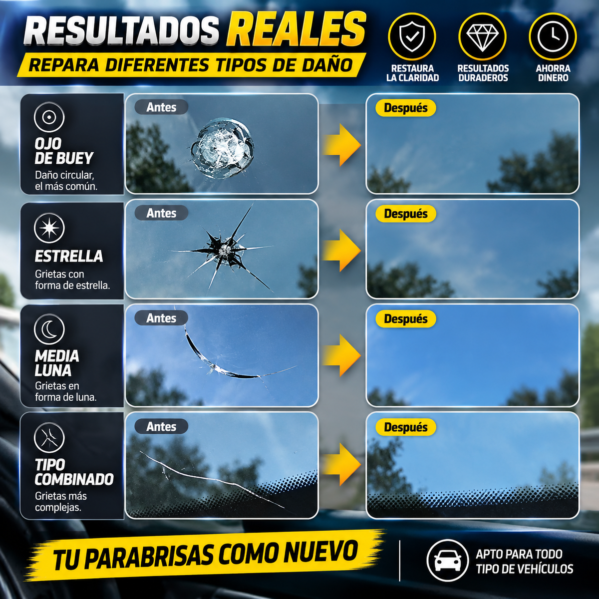 Windshield | Kit Reparador de Parabrisas | Restaura Grietas, Rayones Fácilmente