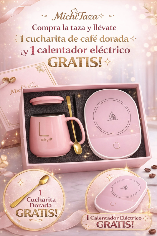 MichiTaza – Tu Cafecito Siempre Calientito (incluye cucharita y calentador eléctrico)